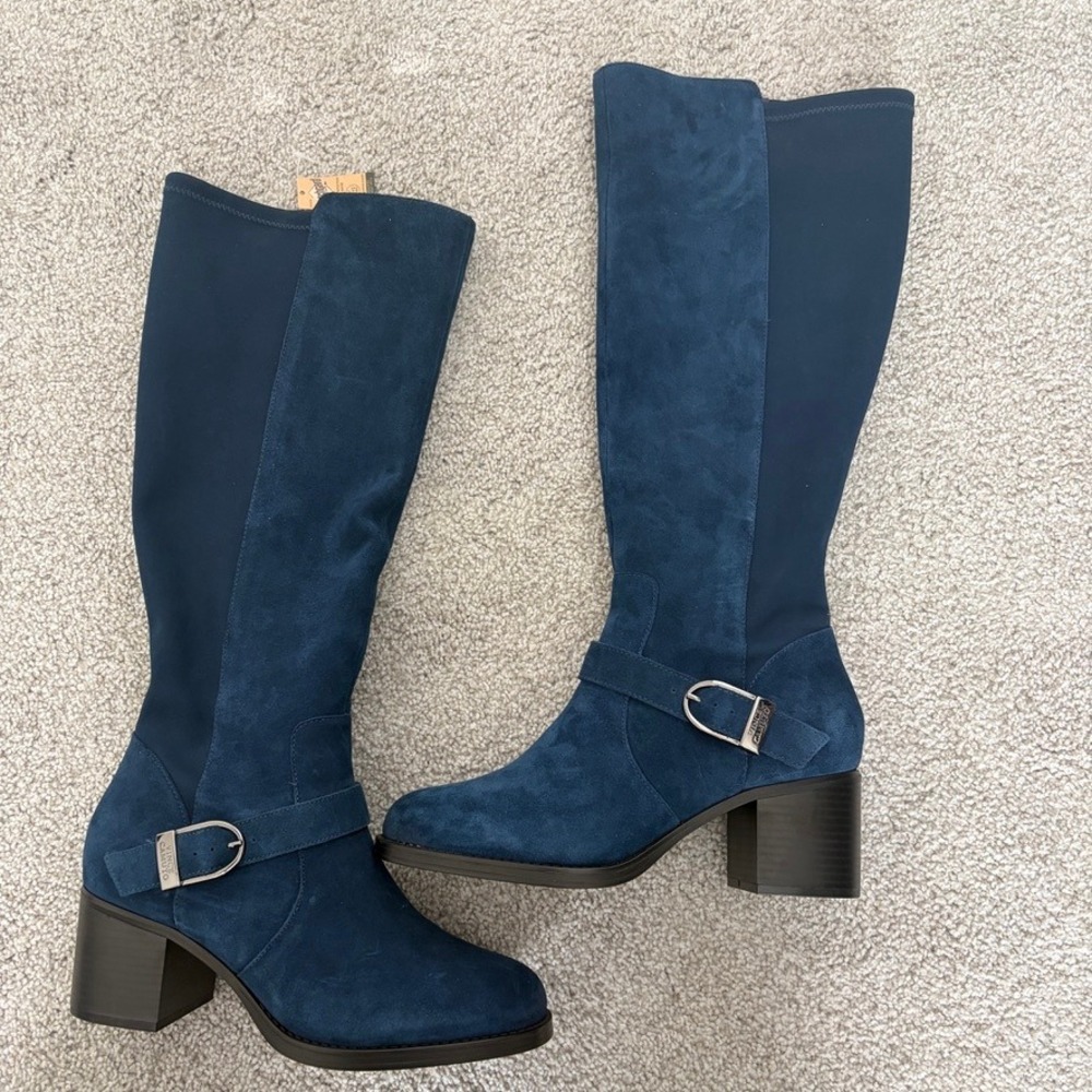 Vince Camuto Zennia Boots Womens 9 Wide Blue Suede Zip Block Heel Tall Round Toe